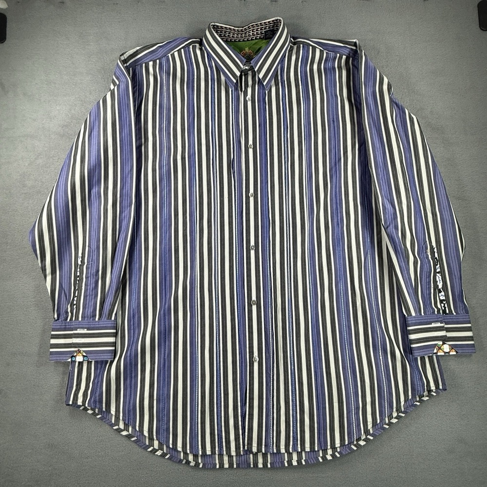 Robert Graham Shirt Mens 2XLB Blue Stripe Classic Fit Flip Cuff Loud
